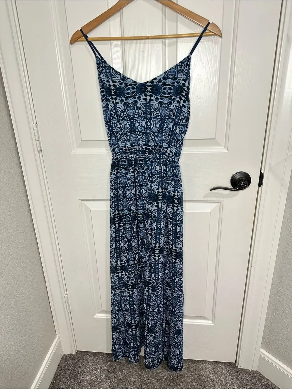 Y2K Abercrombie & Fitch Navy Blue Tie Dye Kaleidoscope Mesh Maxi Dress Sz S Boho